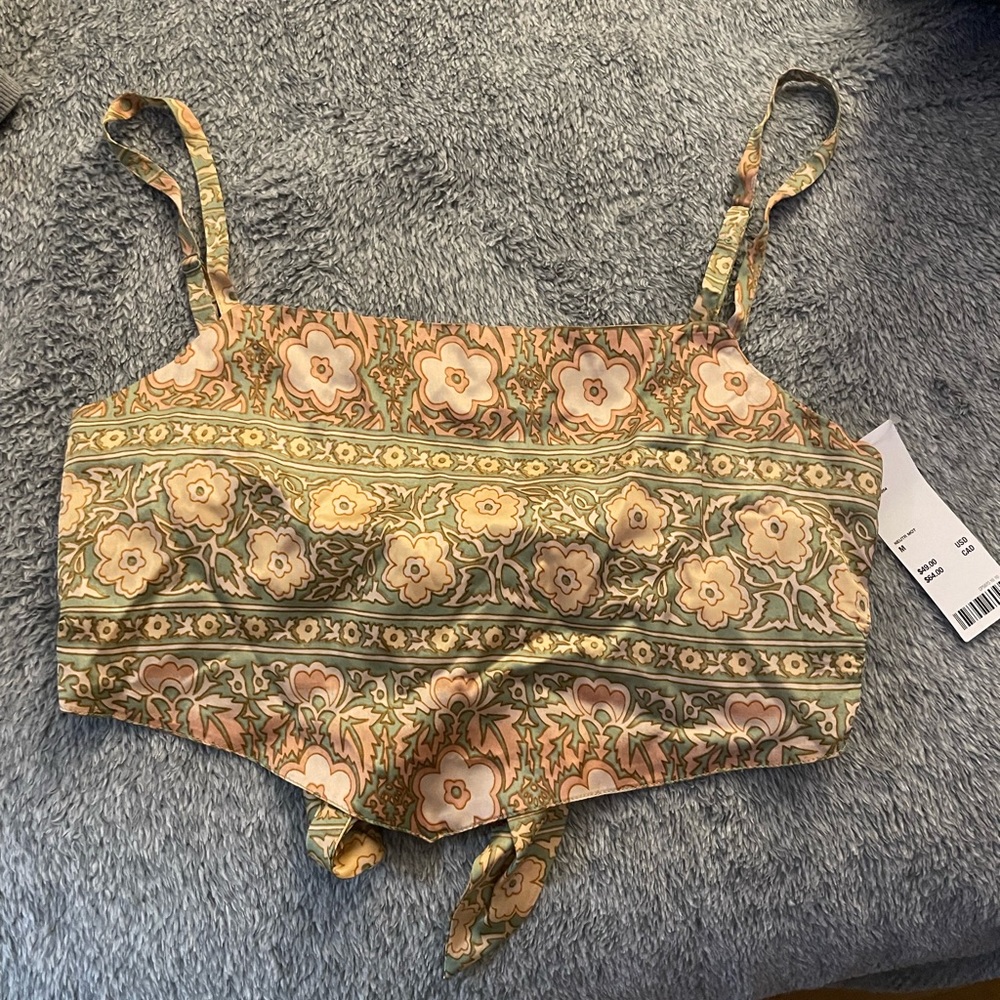 Urban Outfitters Floral Cropped Tank Top in Green and Cream